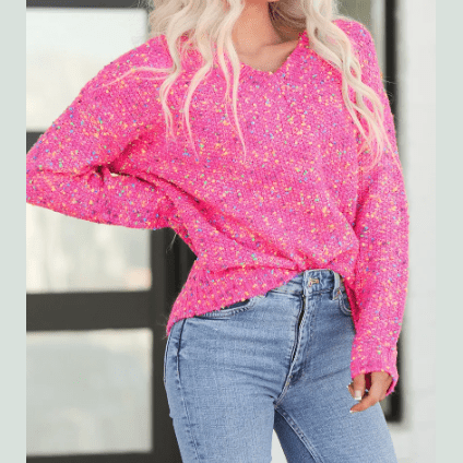 Kathryn Dark Pink Colorful Spots Knitted V Neck Casual Sweater