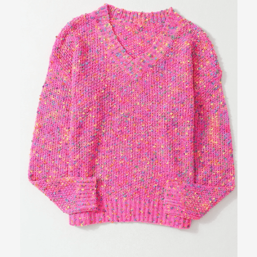 Kathryn Dark Pink Colorful Spots Knitted V Neck Casual Sweater