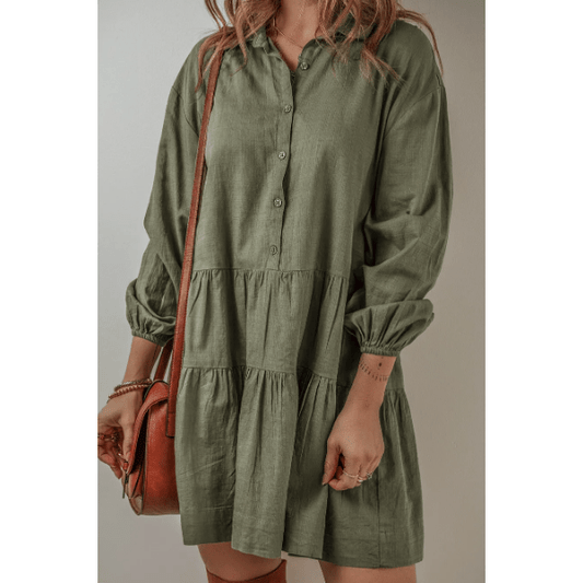 Jettie Jungle Green Puff Sleeve Buttoned Tiered Pleated Shirt Mini Dress