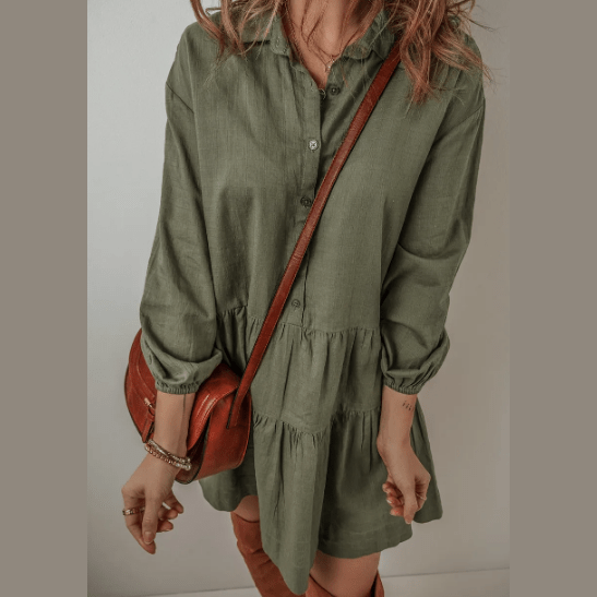 Jettie Jungle Green Puff Sleeve Buttoned Tiered Pleated Shirt Mini Dress