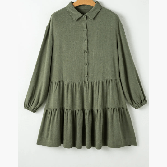 Jettie Jungle Green Puff Sleeve Buttoned Tiered Pleated Shirt Mini Dress