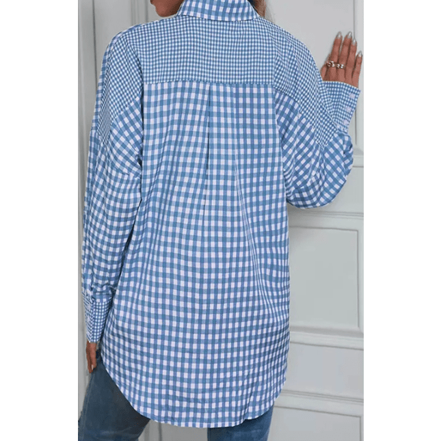 Willow Sky Blue Stripe Plaid Patchwork Button up Long Sleeve Shirt