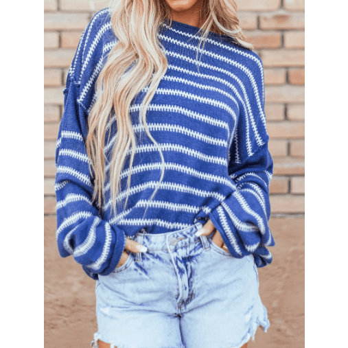 Viv Blue Stripe Drop Shoulder Casual Sweater