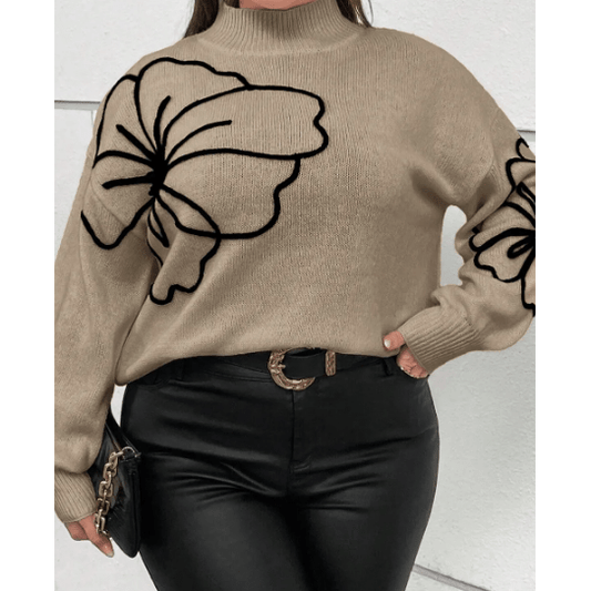 Pammi Khaki PLUS SIZE Big Flower Pattern High Neck Drop Shoulder Sweater