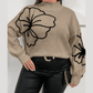 Pammi Khaki PLUS SIZE Big Flower Pattern High Neck Drop Shoulder Sweater