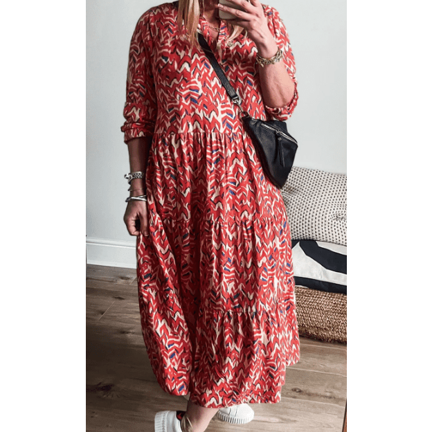 Sally Abstract Print Notch V Neck High Waist Maxi Dress - S to 4X