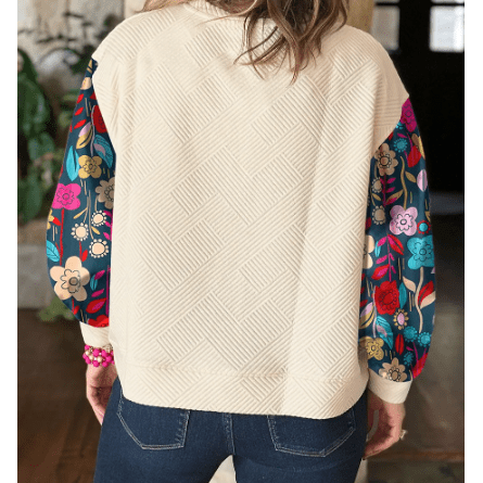 Elizabeth Contrast Floral Sleeve Textured Drop Shoulder Knit Top - S to 4X