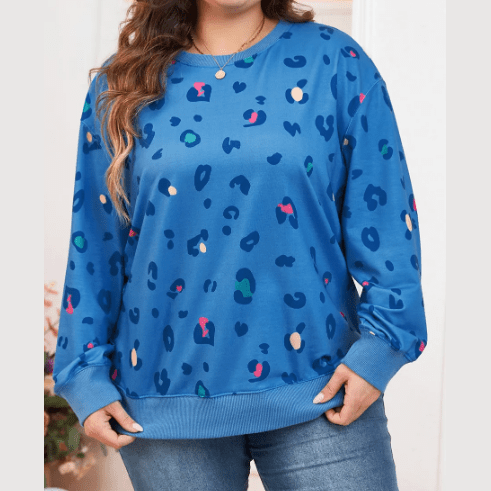 Colbie PLUS SIZE Leopard Ribbed Edge Drop Shoulder Pullover Sweatshirt