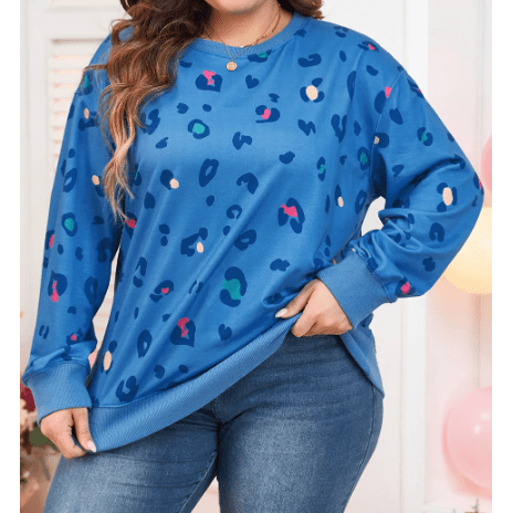 Colbie PLUS SIZE Leopard Ribbed Edge Drop Shoulder Pullover Sweatshirt