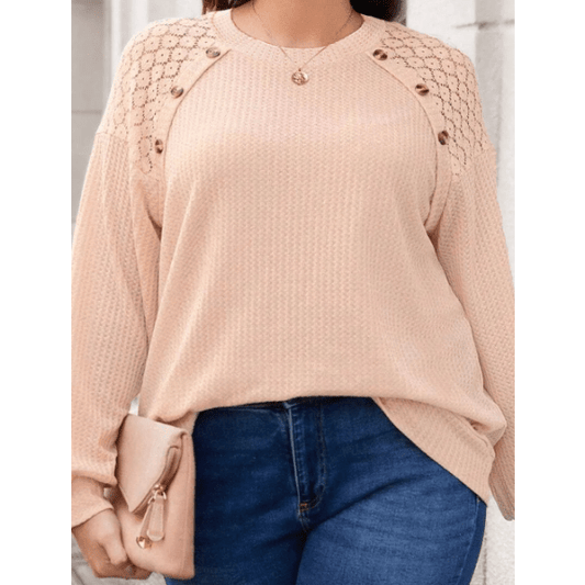 Nylah PLUS SIZE Lace Patchwork Buttons Waffle Knit Top