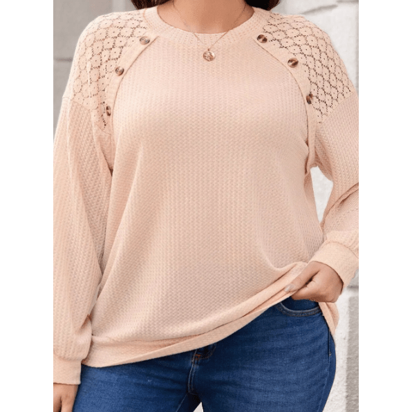 Nylah PLUS SIZE Lace Patchwork Buttons Waffle Knit Top