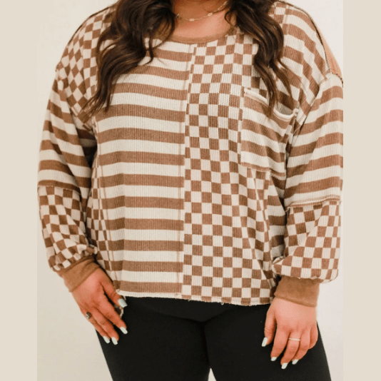 Mina Khaki Striped Checkered Mixed Print Chest Pocket Casual Top * S-3X