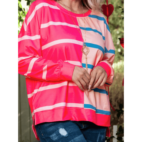 Carmella Stripe Color Block Crewneck Long Sleeve PLUS SIZE T Shirt