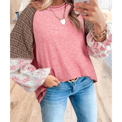 Harlow Pink Mixed Print Patchwork Raglan Ribbed Knit Top