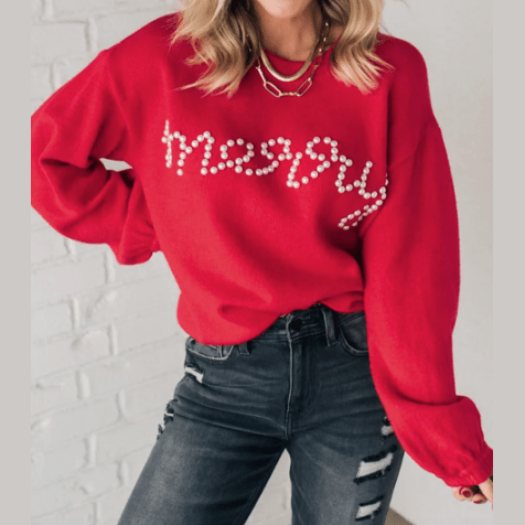 Merry Fiery Red Pearl Beaded Casual Sweater