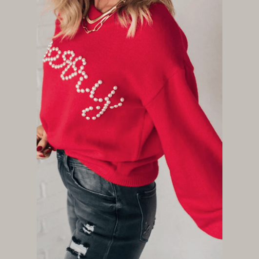 Merry Fiery Red Pearl Beaded Casual Sweater