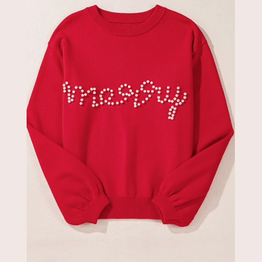 Merry Fiery Red Pearl Beaded Casual Sweater