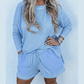 Cleobella Light Blue PLUS SIZE Ribbed Long Sleeve Top and Drawstring Shorts Set