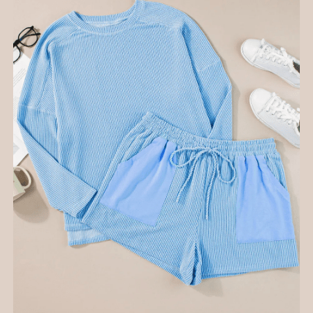 Cleobella Light Blue PLUS SIZE Ribbed Long Sleeve Top and Drawstring Shorts Set