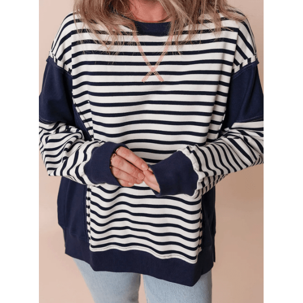 Verla Navy & White Stripe Color Block Exposed Seam Loose Fit Sweatshirt