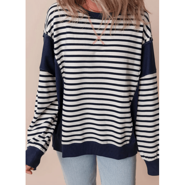 Verla Navy & White Stripe Color Block Exposed Seam Loose Fit Sweatshirt