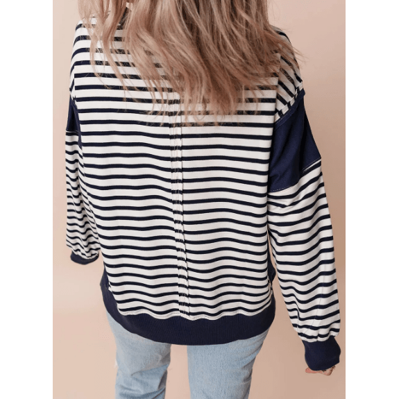 Verla Navy & White Stripe Color Block Exposed Seam Loose Fit Sweatshirt