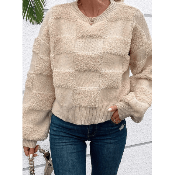 Keisha Parchment Checkered Sherpa Crew Neck Loose Sweater