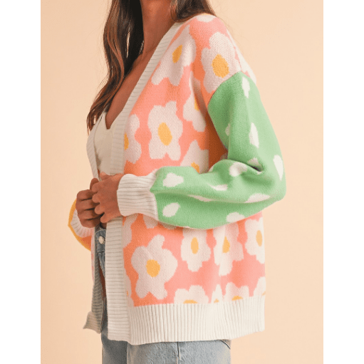 Tynice Orange Flower & Dotted Mixed Print Colorblock Open Front Cardigan