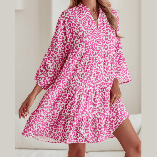 Daira Bright Pink Leopard Printed Long Sleeve Buttoned Front Mini Dress