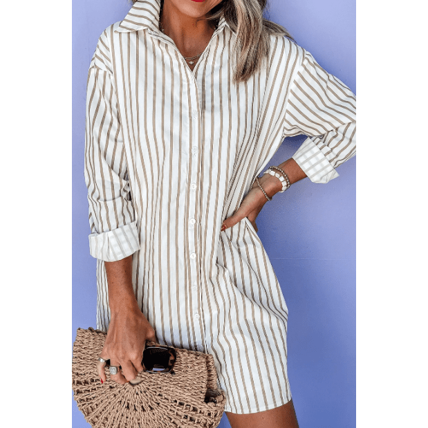 Natalie Grace Khaki Stripe Long Sleeve Button Up Mini Shirt Dress