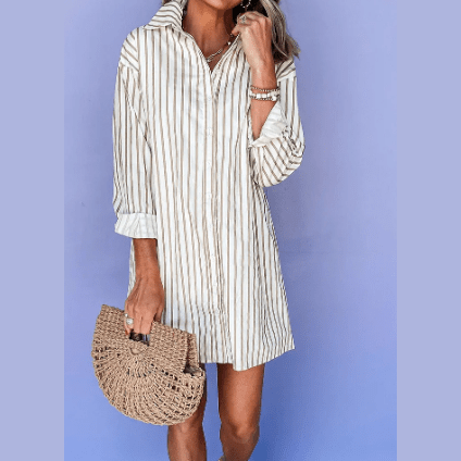 Natalie Grace Khaki Stripe Long Sleeve Button Up Mini Shirt Dress