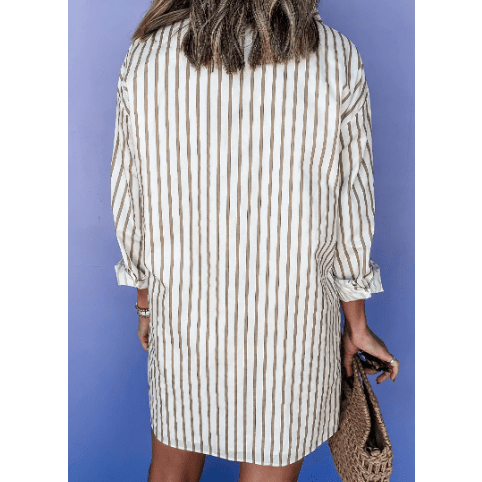 Natalie Grace Khaki Stripe Long Sleeve Button Up Mini Shirt Dress