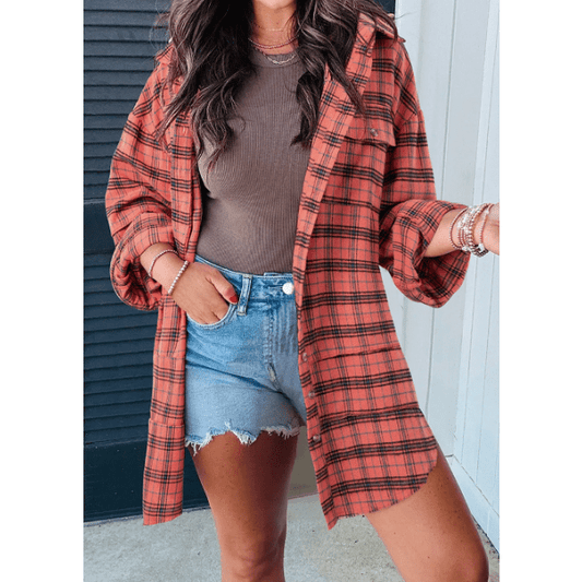 Jaynie Red Plaid Long Sleeeve Side Split Distressed Hem Shirt - S to 3X