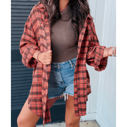 Jaynie Red Plaid Long Sleeeve Side Split Distressed Hem Shirt - S to 3X