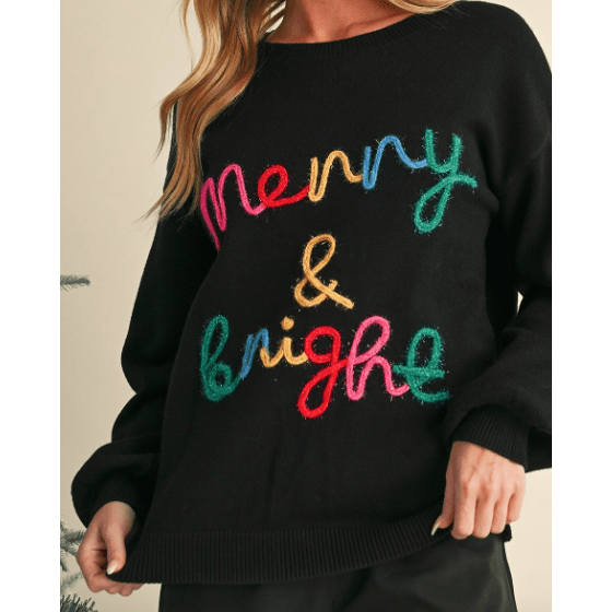 Black Colorful Merry & Bright Tinsel Graphic Sweater