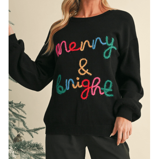 Black Colorful Merry & Bright Tinsel Graphic Sweater