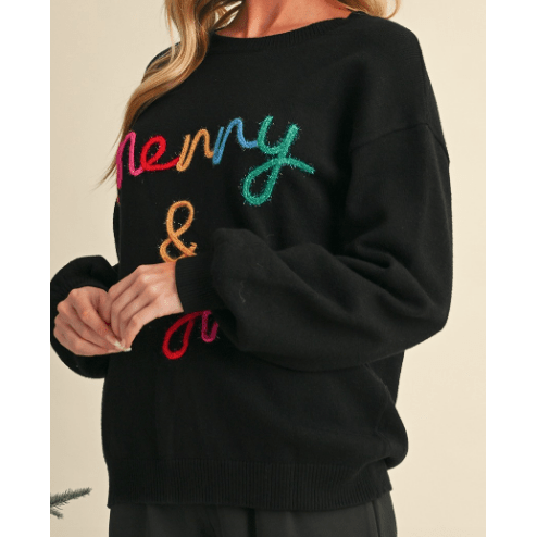 Black Colorful Merry & Bright Tinsel Graphic Sweater