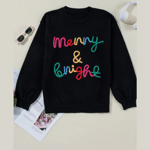 Black Colorful Merry & Bright Tinsel Graphic Sweater