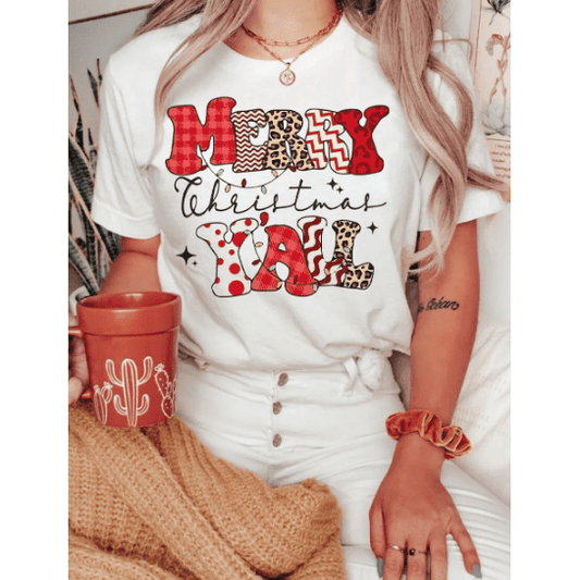 White MERRY Christmas YAll Graphic Crewneck T Shirt