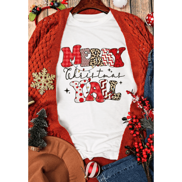 White MERRY Christmas YAll Graphic Crewneck T Shirt