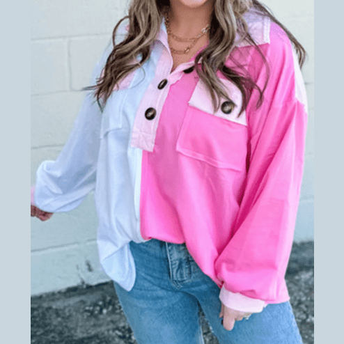 Millicent Color Block Chest Pockets Half Button Plus Size Sweatshirt