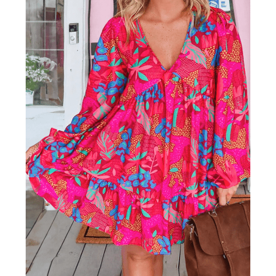 Virginia Tropical Printed Lantern Sleeve V Neck Ruffled PLUS SIZE Mini Dress