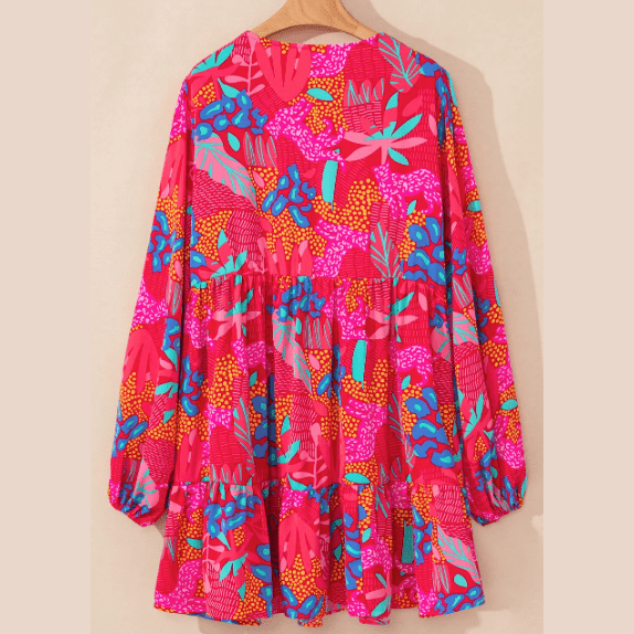 Virginia Tropical Printed Lantern Sleeve V Neck Ruffled PLUS SIZE Mini Dress