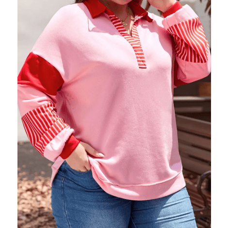 Chrissi  Striped Patchwork Side Split Collared PLUS SIZE Sweatshirt