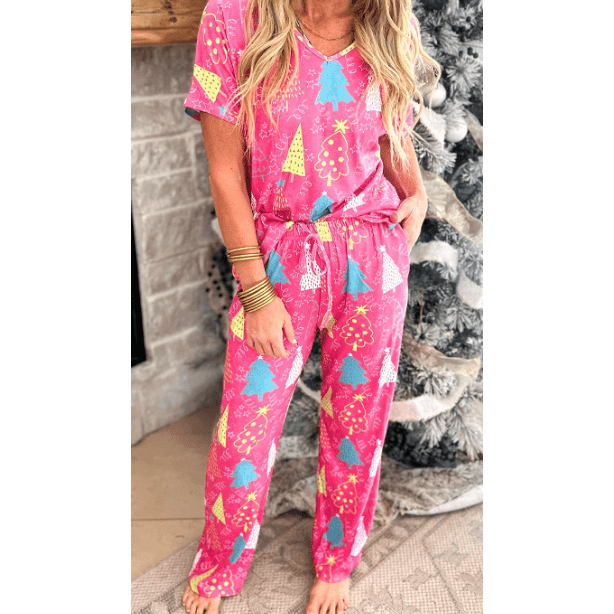 Pink Christmas Tree Print V Neck Tee and Pants Lounge Set