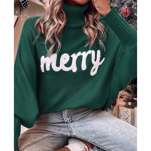 Green Merry Letter Embroidered High Neck Sweater