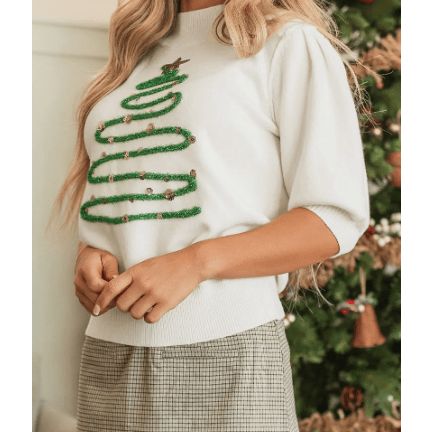 White Tinsel Christmas Tree Graphic Puff Sleeve Sweater