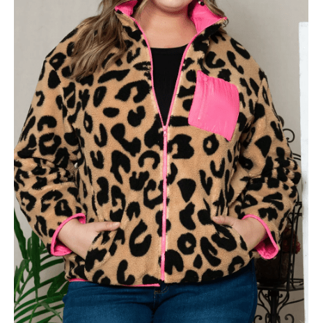 Lora Leopard PLUS SIZE Color Block Chest Pocket Sherpa Jacket