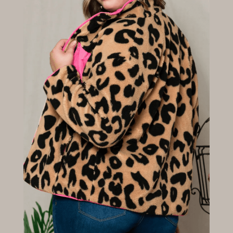 Lora Leopard PLUS SIZE Color Block Chest Pocket Sherpa Jacket