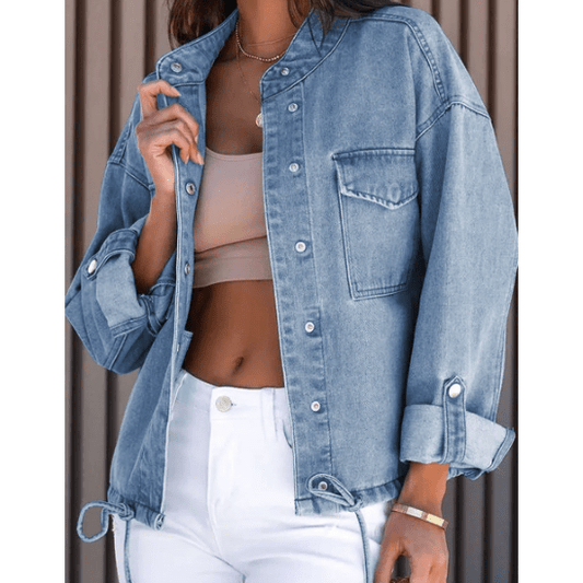 Magdalena Sky Blue Roll-Up Tab Sleeve Button Down Pocket Denim Jacket